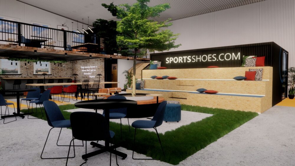 Creative hub Unit 2s interior concept is based on the run gym and hike elements of the SportsShoes business CGI shown