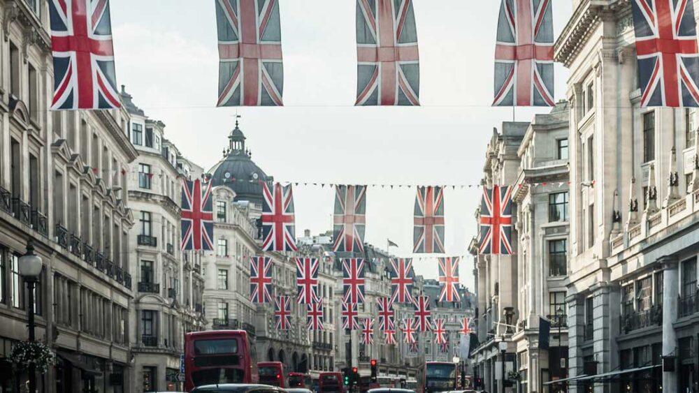 british flags hanging over city street 2022 03 07 23 54 40 utc
