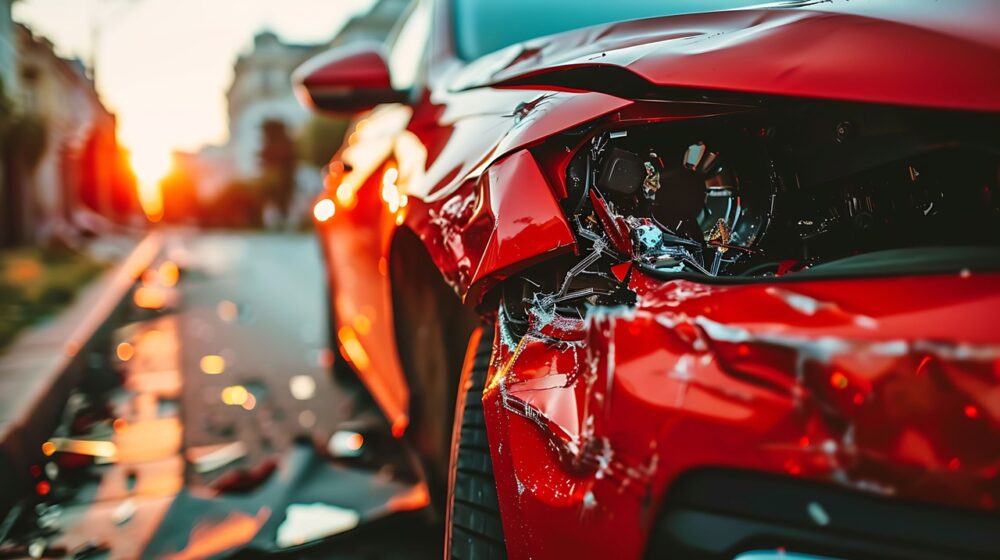 1920 ai generated closeup of the front end of a red car after an accident with visible damage and dents a broken headlight on a city street at sunset Large