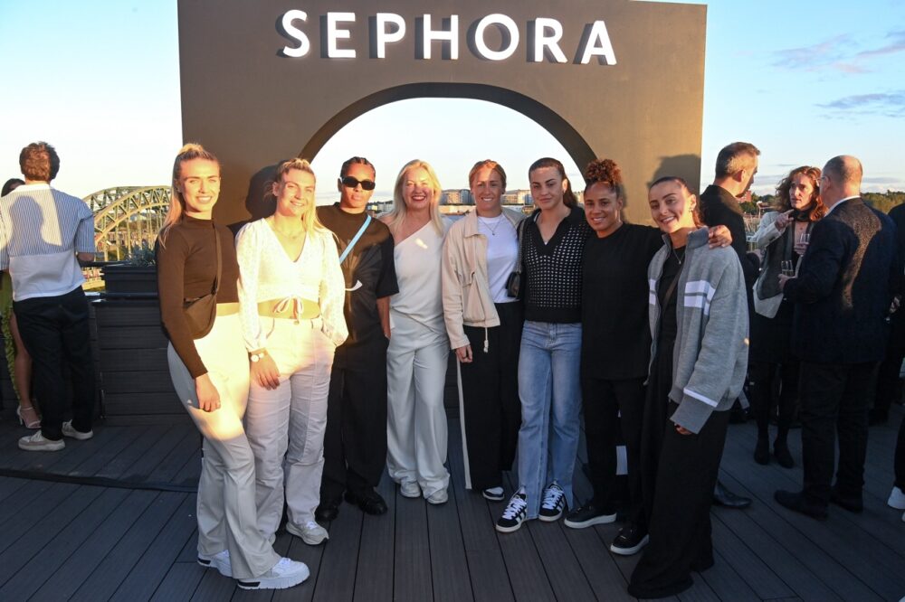 Olivia Watt, Grace Donnelly, Shania Hayles, Sarah Boyd, Managing Director of UK at SEPHORA,, Rachel Fumess, Elysia Body, Demi Stokes and Lia Cataldo attend the Sephora UK Newcastle store opening launch party at ABOVE in The Vermont Hotel on September 12, 2024 in Newcastle upon Tyne, England. 