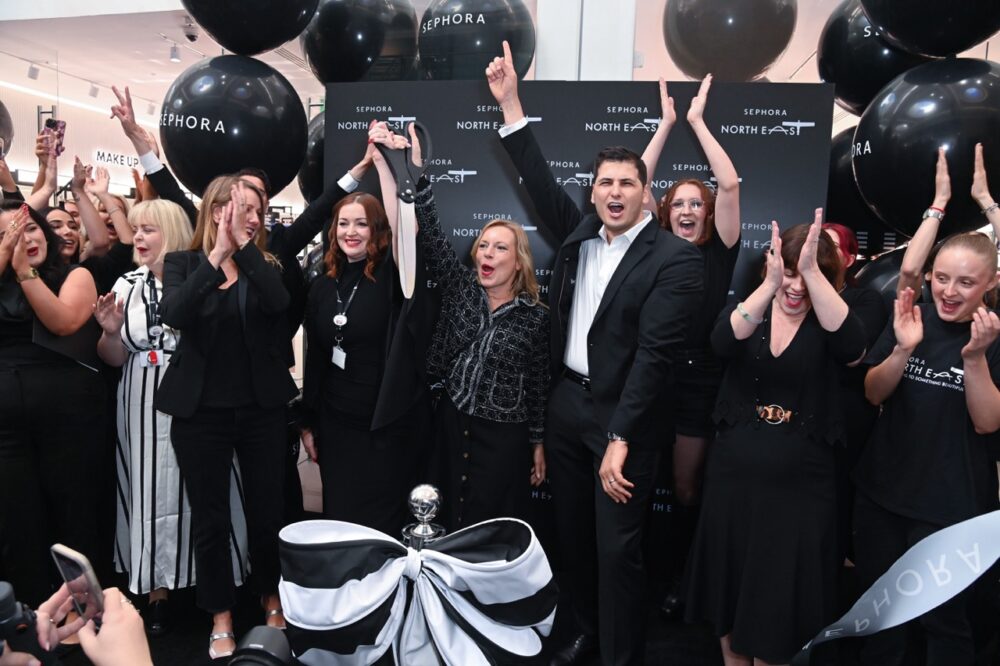 (L-R) Pauline Dolle Labbe, Chief Marketing Officer at Sephora, Tanya Mooney, Store Director Eldon Square, Sylvie Moreau, President Europe & Middle East at Sephora, Mahmoud Ersan, Retail Director and Jill Stutzbach attend the opening of the new Sephora UK store at Eldon Square in Newcastle upon Tyne, England. (Photo by Dave Benett/Getty Images for Sephora UK)