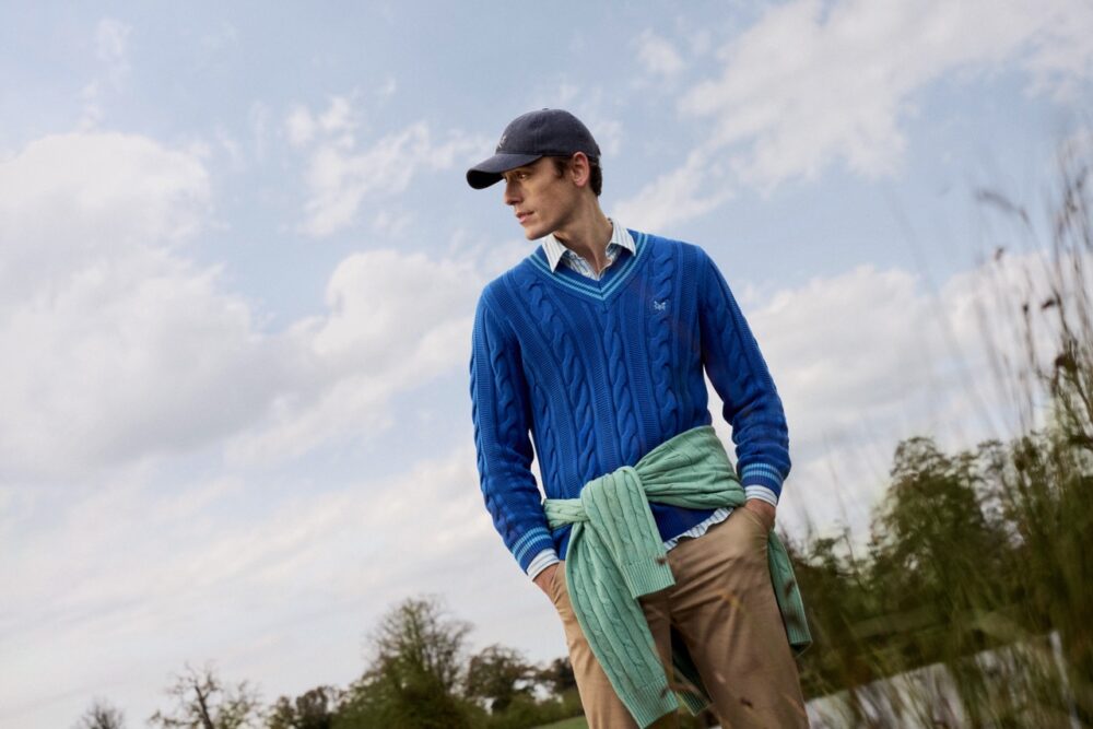 Crew Clothing Cotton Cable Knit Cricket Jumper in Blue 65.00 available at www.crewclothing.co .uk Large