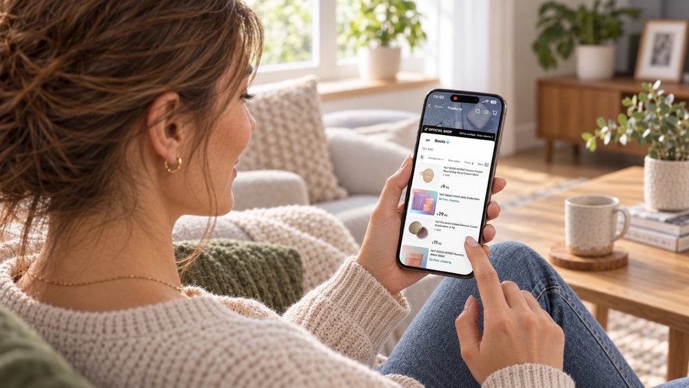 Woman looking at Boots TikTok Shop on a phone.