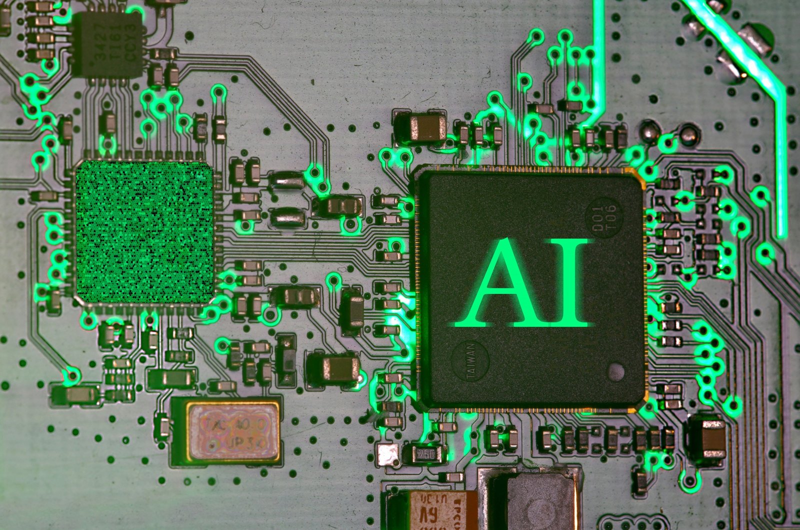 Circuit board with a processor chip marked AI, surrounded by components and glowing green circuit traces