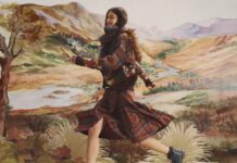 Model in a brown and blue tartan knit with floral embroidery and a tartan pleated skirt, running in front of a painted landscape backdrop