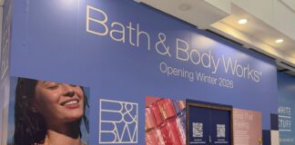 Bath & Body Works hoarding reading Opening Winter 2026 on the new store at Frasers Plus Braehead, with a White Stuff hoarding next door