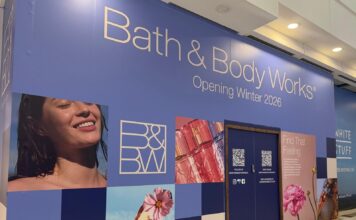 Bath & Body Works hoarding reading Opening Winter 2026 on the new store at Frasers Plus Braehead, with a White Stuff hoarding next door