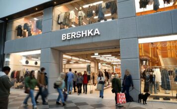 Bershka storefront at Westgate Oxford, with shoppers passing the entrance and clothing displayed in the windows above