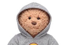 Build-A-Bear teddy bear wearing a grey Hard Rock Cafe London hoodie