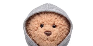 Build-A-Bear teddy bear wearing a grey Hard Rock Cafe London hoodie