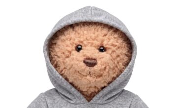 Build-A-Bear teddy bear wearing a grey Hard Rock Cafe London hoodie