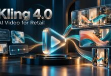 Kling 4.0 AI Video for Retail graphic: a glowing play symbol links text, image and keyframe panels to video screens showing a store window display