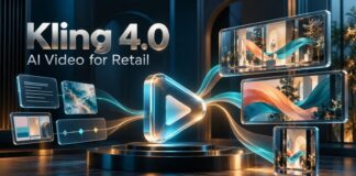 Kling 4.0 AI Video for Retail graphic: a glowing play symbol links text, image and keyframe panels to video screens showing a store window display