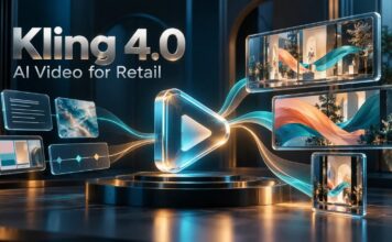 Kling 4.0 AI Video for Retail graphic: a glowing play symbol links text, image and keyframe panels to video screens showing a store window display
