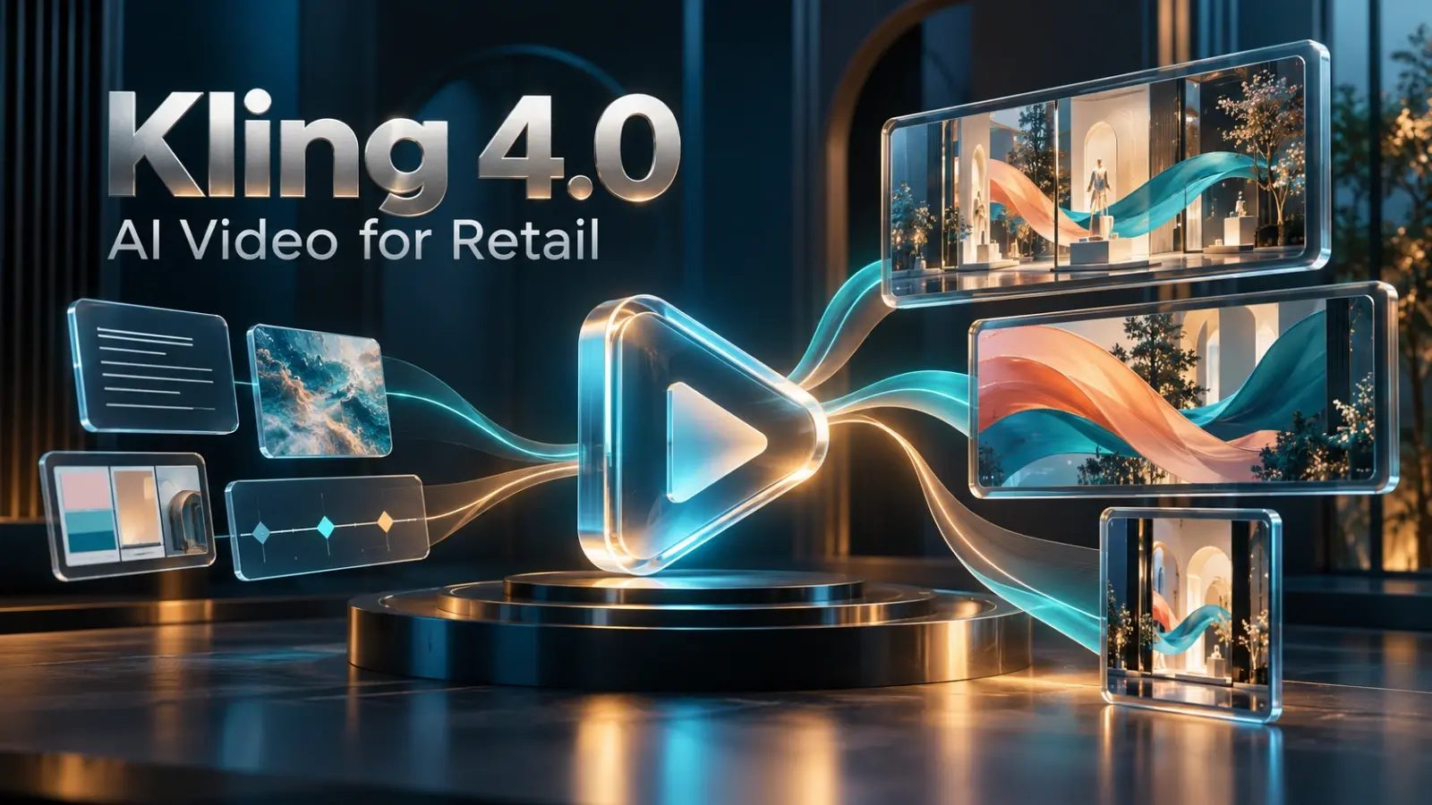 Kling 4.0 AI Video for Retail graphic: a glowing play symbol links text, image and keyframe panels to video screens showing a store window display