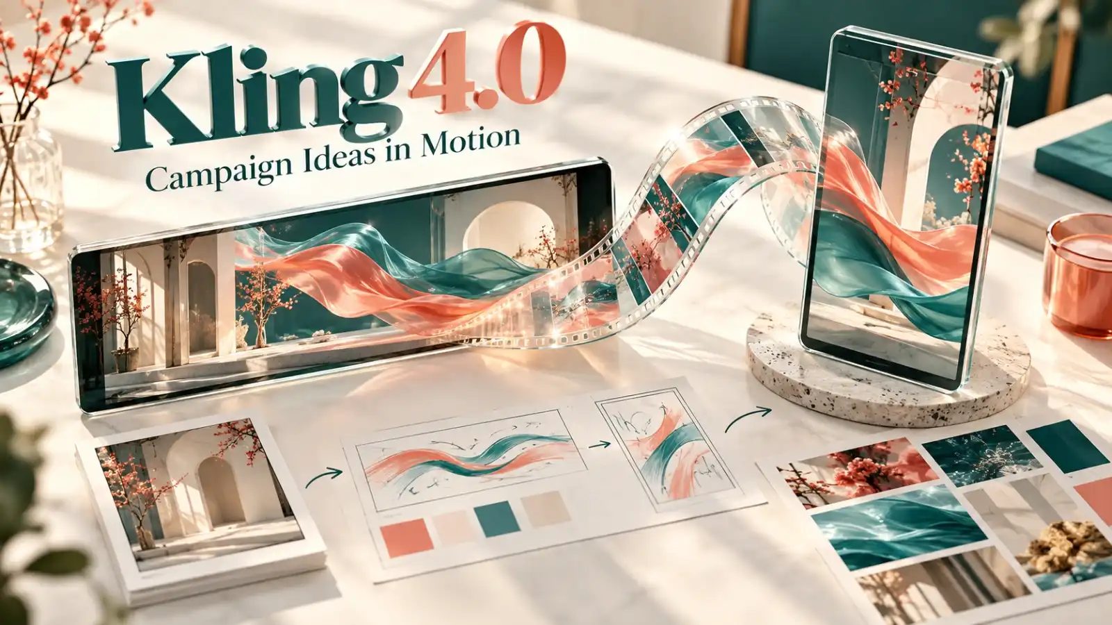 Kling 4.0 Campaign Ideas in Motion graphic: coral and teal fabric flows from a storyboard and colour swatches into wide and vertical video frames