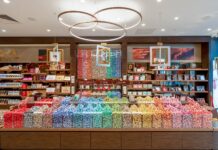 Lindt Chocolate Shop with a long Pick & Mix counter of LINDOR truffles sorted by colour, tubes of truffles on the back wall and three suspended ring lights