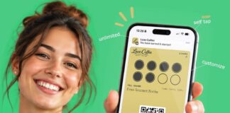 Smiling barista in a green apron holding up a smartphone showing a Luxe Coffee digital stamp card in a mobile wallet, with labels for self tap, staff scan, customisation and optional buttons
