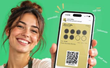 Smiling barista in a green apron holding up a smartphone showing a Luxe Coffee digital stamp card in a mobile wallet, with labels for self tap, staff scan, customisation and optional buttons