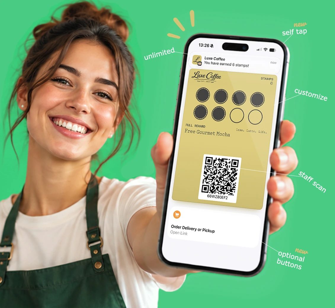 Smiling barista in a green apron holding up a smartphone showing a Luxe Coffee digital stamp card in a mobile wallet, with labels for self tap, staff scan, customisation and optional buttons