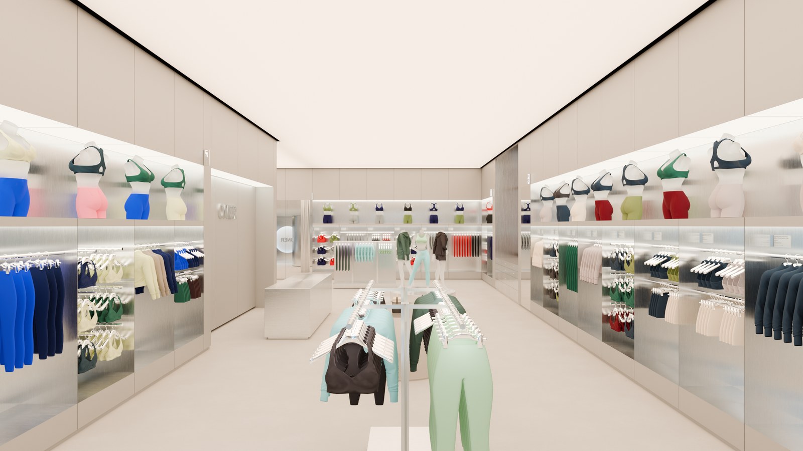 Render of the ONER Active store interior at 0 Bond Street, with activewear on brushed-steel wall fixtures, bra tops displayed on torso forms and a central rail