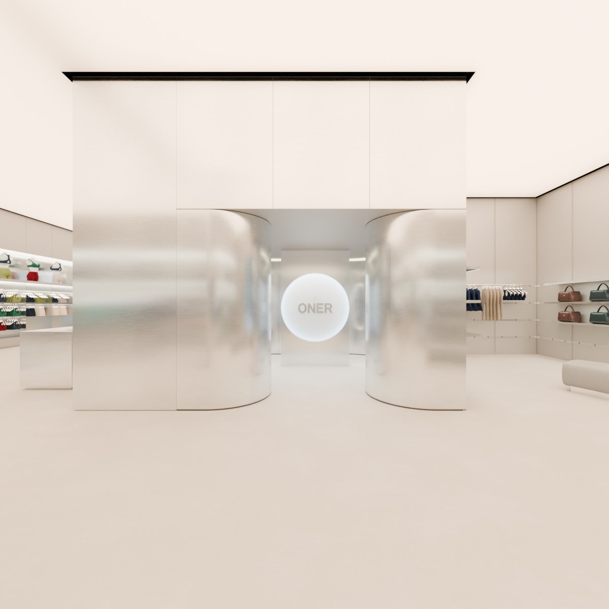 Render of the ONER Active store at 0 Bond Street, with curved brushed-steel walls framing an illuminated ONER logo