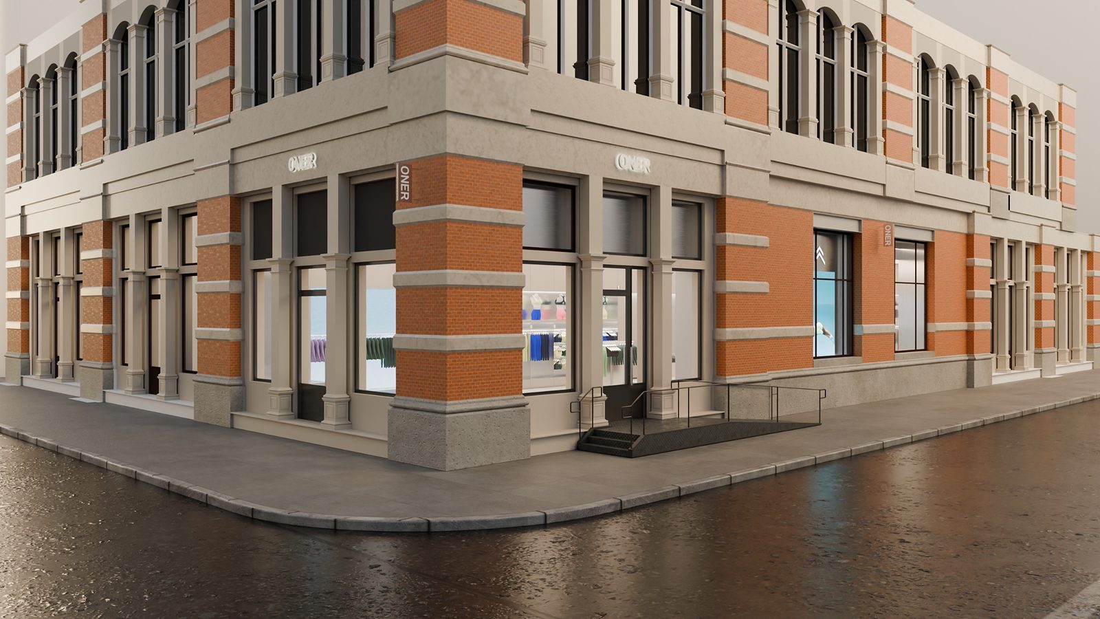 Render of the ONER Active store at 0 Bond Street, a red-brick corner building in NoHo, New York, with ONER signage above the windows