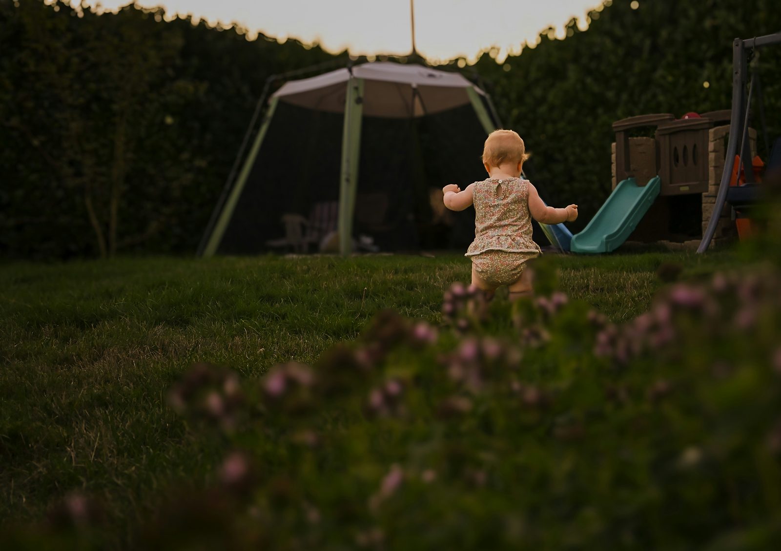 Young child walking across a garden lawn towards a slide and a play tent at dusk