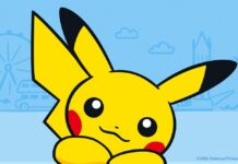Official Pokémon artwork of Pikachu in front of an illustrated London skyline including Big Ben, the London Eye, a double-decker bus and Tower Bridge