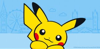 Official Pokémon artwork of Pikachu in front of an illustrated London skyline including Big Ben, the London Eye, a double-decker bus and Tower Bridge