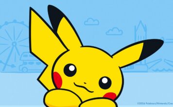 Official Pokémon artwork of Pikachu in front of an illustrated London skyline including Big Ben, the London Eye, a double-decker bus and Tower Bridge