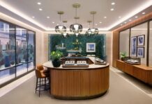 Welcome area of the Rolex boutique on Buchanan Street, Glasgow, with a curved walnut counter, a green Verde Alpi marble wall bearing the Rolex crown and glass pendant chandeliers