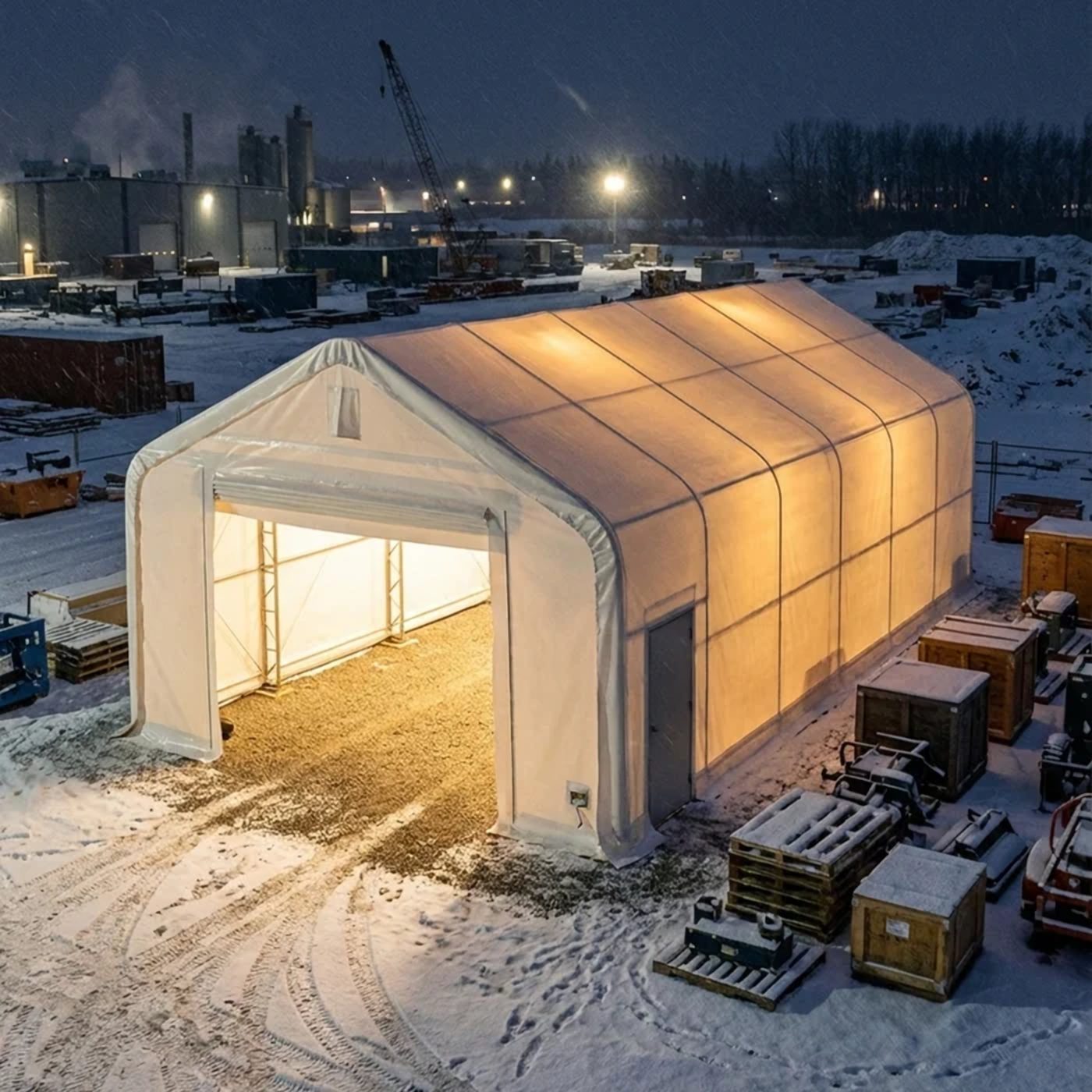 White fabric storage shelter lit from inside, with an open roll-up door, on a snowy industrial yard at night beside crates and equipment