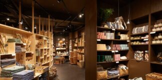 Søstrene Grene store interior with wooden shelving stacked with textiles, baskets, candles and storage boxes under pendant lights