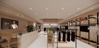 TALA to Open 10-Week Pop-Up at Bicester Village Visualisation of the TALA pop-up at Bicester Village, with clothing rails, wooden shelving, a cash desk and a screen showing a TALA campaign image