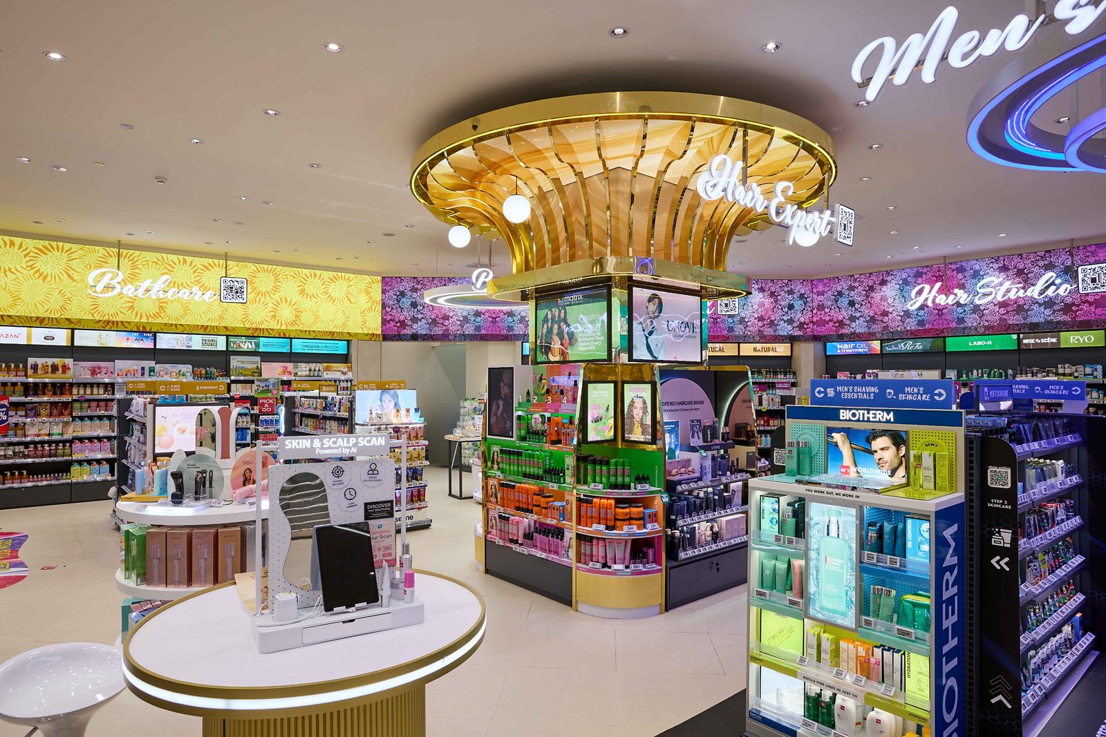 Hair Expert zone at Watsons Plus, with a gold canopy above a central haircare fixture and an AI skin and scalp scan station in the foreground